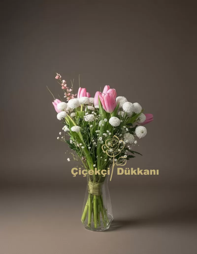 İthal Cam Vazoda Lale Buketi
